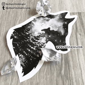 For more designs and for commission www.skinque.com #wolf #sky #galaxy #forest #trees #nature #mountains #mountain #animal #trashpolka #abstract #trashpolkatattoo #tattoodesign