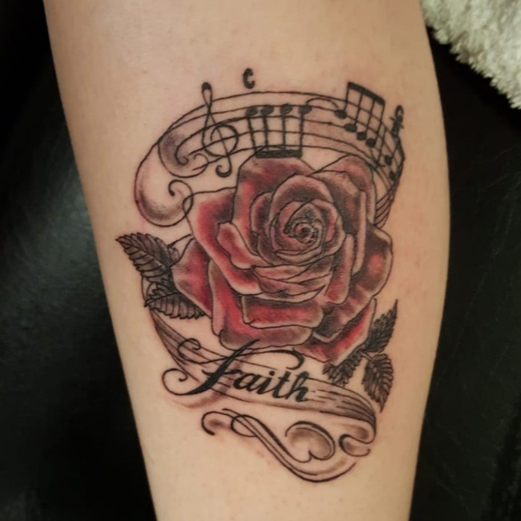 The Tattoo Den  Stars roses and music notes on right calf will get  better photos when healed  tattooed by Ally  Facebook