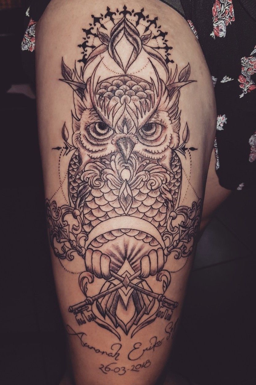 Feather Thigh Tattoo by Supakitch