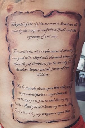 Pulp fiction rib script from today #tattoo #tats #tattoodesign #pulpfiction #bibletattoos #religioustattoo #samuelljackson #tattoomafia #alexdavidsontattoos #tattooideas #tatlife #inked #quentintarantino #scripttattoo #ribtattoo #bibleverse