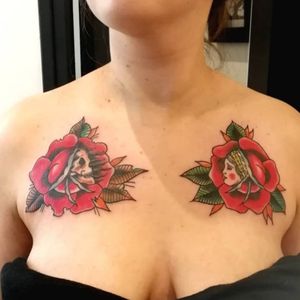 Chest tattoo, trad'roses.#traditionaltattoos  #oldschooltattoo #rosetattoo #skulltattoo #BoldTattoos 