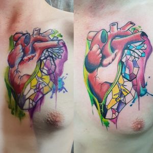 Left side drawn on with Sharpie, right side is tattooed abstract colour bomb heart