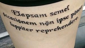 The quote is in latin and every o's is replaced with a phi symbol. "Elapsam semel occasionem non ipse potest Iuppiter reprehender." Not even Jupiter can find a lost opportunity. 