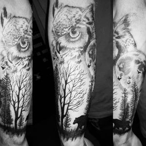 Owl forest scene from the other week #tattoo #tats #tattoodesign #foresttattoos #owltattoos #mandalatattoo #feathertattoo #blackandgreytattoo #silhouette #feather #owl #tattoomafia #alexdavidsontattoos #tattooideas #tatlife #inked #owltattoo #silhouettetattoo