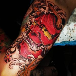 Hannya mask from today #tattoodesign #tattoos #tattoomafia #alexdavidsontattoos #design #instagood #instashare #instart #instaink #fkirons #xion #fkironsxion #tattoopen #tattoo #tat #tattooshop #art #shading #eliteneedles #eternalink #dynamicink #hannya #japanesetattoo #japan #armtattoo #irezumi #cherryblossom #colorful #demon