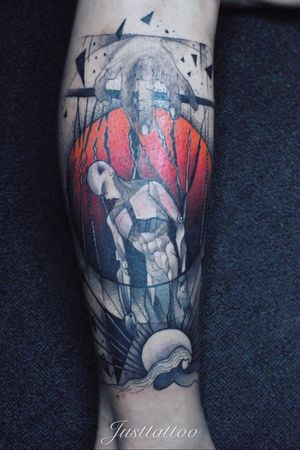 Tattoo by Momo tattooist. Guangzhou Tattoo - #Justtattoo #GuangzhouTattoo #OriginalTattoo #TattooManuscript #TattooDesign #TattooFemaleTattooist #legtattoo #realistic #redandblack #sun #sundown #mummy #soultattoo #mummytattoo #suntattoo #sundowntattoo 