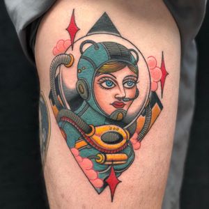 Tattoo by Jason Hanna #JasonHanna #ladyheadtattoo #ladyhead #portrait #lady #space #scifi #robot #astronaut #stars #clouds #galaxy