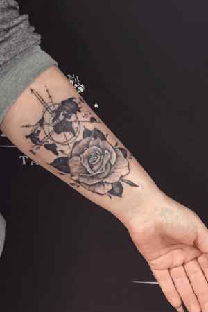 Rose tattoo with world lines