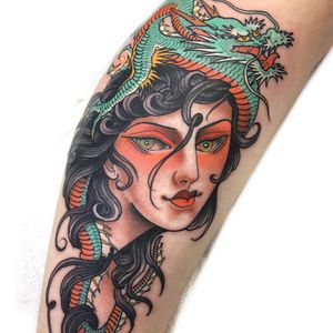 Tattoo by Claudia De Sabe #ClaudiadeSabe #ladyheadtattoo #ladyhead #portrait #lady #neotraditional #Japanese #mashup #dragon #mythicalcreature #color