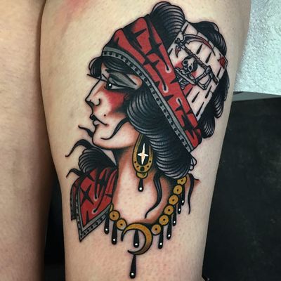 Tattoo by Lewis Mckechnie #LewisMckechnie #ladyheadtattoo #ladyhead #portrait #lady #gypsy #fortunetaller #card #skeleton #scythe #reaper #moon #pearls #neotraditional #traditional #color