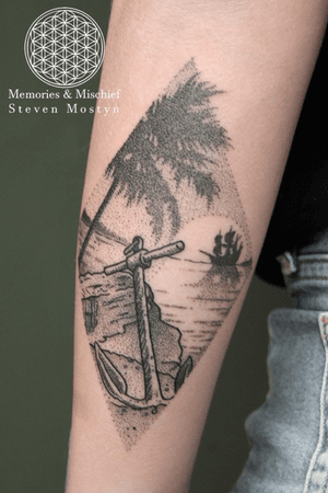 Dotwork battered anchor and galleon landscape! Designed and tattooed by Mister Mostyn. #dotworktattoo #anchor #beach #Galleon #palmtree #landscape #sunset #ocean #silhouette 