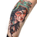 Tattoo by Claudia De Sabe #ClaudiadeSabe #ladyheadtattoo #ladyhead #portrait #lady #neotraditional #Japanese #mashup #dragon #mythicalcreature #color