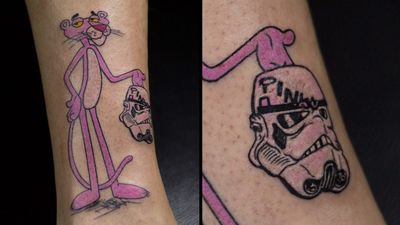 #pinkpanthertattoo #tattooart #tattooartist #tattooinspiration #tatted #pinkpanther #cartoon #stormtrooper #mask #stormtroopertattoo 