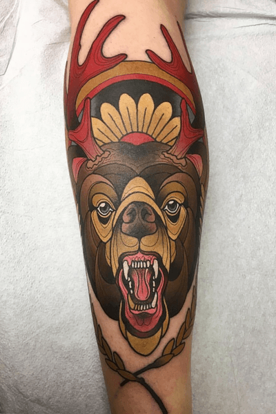 Bear with antlers. #johnstreet #johnsttattoo #johnstreettattoo #hamont #hamilton #hamiltontattooer #hamiltontattoo #burlont #burlington #burlingtontattoo #oakville #oakvilletattoo #toronto #thebesttattooartists #torontotattoo #neotrad #neotradeu #neotraditional #neotradsub #neotradworldwide #neotradtattoo #neotraditionaltattoo #tattoosnob #SOLIDINK #americanatattoos #rickjamestattoo #everink #brightandbold #boldwillhold 