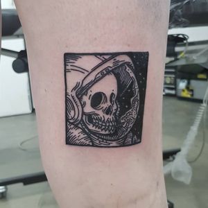 Tattoo by Matt Bailey #MattBailey #blackwork #engraving #etching #skull #death #reaper #skeleton #illustrative #astronaut #stars #space #galaxy #spaceman