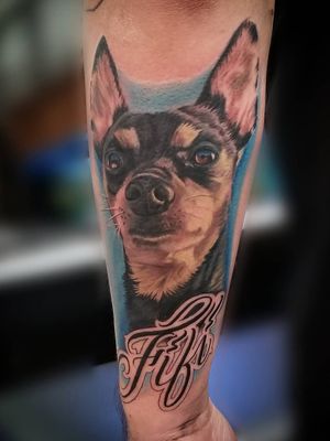 Heres a tattoo of a clients dog I did on his forearm