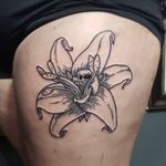 Tattoo by Matt Bailey #MattBailey #blackwork #engraving #etching #skull #death #reaper #skeleton #illustrative #linework #flower