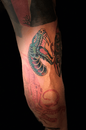 Traditional rattlesnake head by Mark Schilling at Life After Death Tattoo in Costa Mesa California