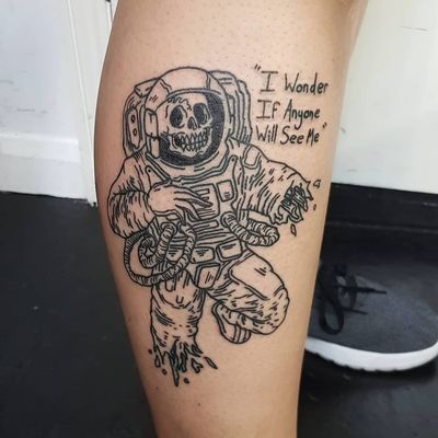 Tattoo by Matt Bailey #MattBailey #blackwork #engraving #etching #skull #death #reaper #skeleton #illustrative #astronaut #stars #space #galaxy #spaceman #text #quote #font
