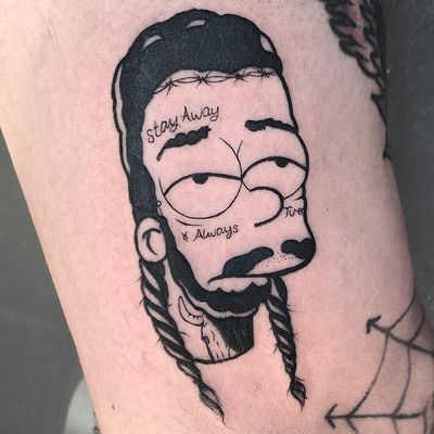 Tattoo by Kevin Hennessey #KevinHennessey #thesimpsons #Simpsons #cartoon #newschool #tvshow #tvshowtattoo #postmalone #rapper #blackwork #funny