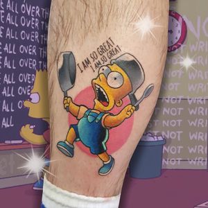 Tattoo by Bex Lowe #BexLowe #thesimpsons #Simpsons #cartoon #newschool #tvshow #tvshowtattoo #bartsimpson #pot #iamsogreat #text #quote #font #color