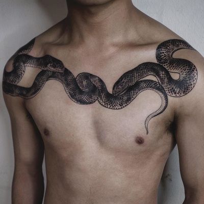Tattoo by Haku Tattoo #HakuTattoo #favorite #favoritetattoos #blackandgrey #illustrative #snake #serpent #nature #animal #reptile #chestpiece