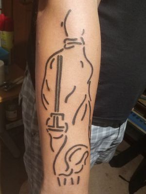 Tattoo uploaded by Tattoos For Humans • A minimalistic drawing, done by the  client, of the backside of a monk, carrying a water container and an axe. A  visualization of the mantra 