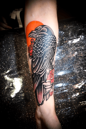 My first #colour #neotraditionaltattoo done on the forearm #raventattoo 