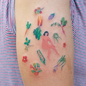 Tattoo by Zihee #Zihee #favorite #favoritetattoos #color #watercolor #painterly #vegetables #tomato #carrot #corn #flowers #floral #nature #garlic #food #goodtattoo #body #portrait #beet
