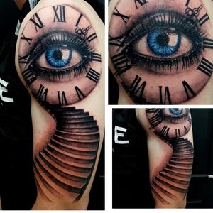 Start of a half sleeve more to follow soon #eye #staircase #clocktattoo 
