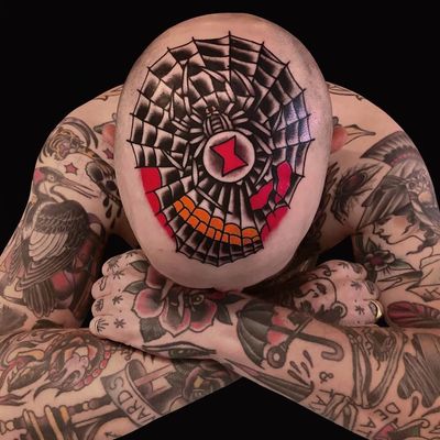 Tattoo by Austin Maples #AustinMaples #headtattoo #scalptattoo #scalp #head #face #color #blackandgrey #traditional #spider #spiderweb