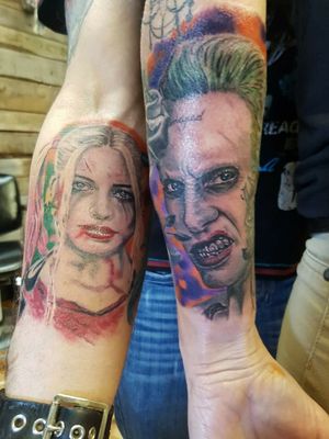 What better couples tattoo then this beauty ! harley quinn and her Joker. Done By the owner of Steff Tattoo shop, Stephane Lagacé . #realistictattoo #Shadinkink #coloredtattoo Sponsored by Team Shadink. 