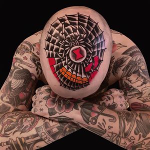 Tattoo by Austin Maples #AustinMaples #headtattoo #scalptattoo #scalp #head #face #color #blackandgrey #traditional #spider #spiderweb