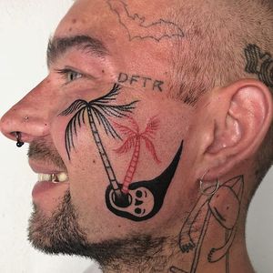 Tattoo by Berly Boy #BerlyBoy #headtattoo #scalptattoo #scalp #head #face #palmtrees #palms #trees #reaper #skull #death