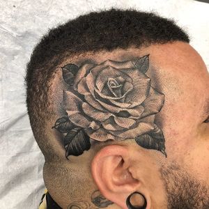 Tattoo by BJ Betts #BJBetts #headtattoo #scalptattoo #scalp #head #face #blackandgrey #rose #flower #floral #leaves #nature #realistic #realistic