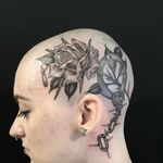 Tattoo by Tamara Santibanez #TamaraSantibanez #headtattoo #scalptattoo #scalp #head #face #illustrative #oldschool #blackandgrey #rose #handcuffs #chain #safetypin #punk #flower #floral