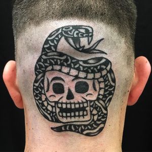 Tattoo by Ryan Mettz #RyanMettz #headtattoo #scalptattoo #scalp #head #face #blackwork #traditional #snake #serpent #skull #death