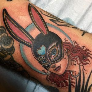 Tattoo by Christopher Conn Askew #ChristopherConnAskew #SekretCity #color #portrait #lady #ladyhead #bunny #mask #heart #pearls #cute #neotraditional #babe #love