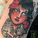 Tattoo by Christopher Conn Askew #ChristopherConnAskew #SekretCity #lady #ladyhead #portrait #cat #kitty #rose #flowers #floral #nature #love #petportrait