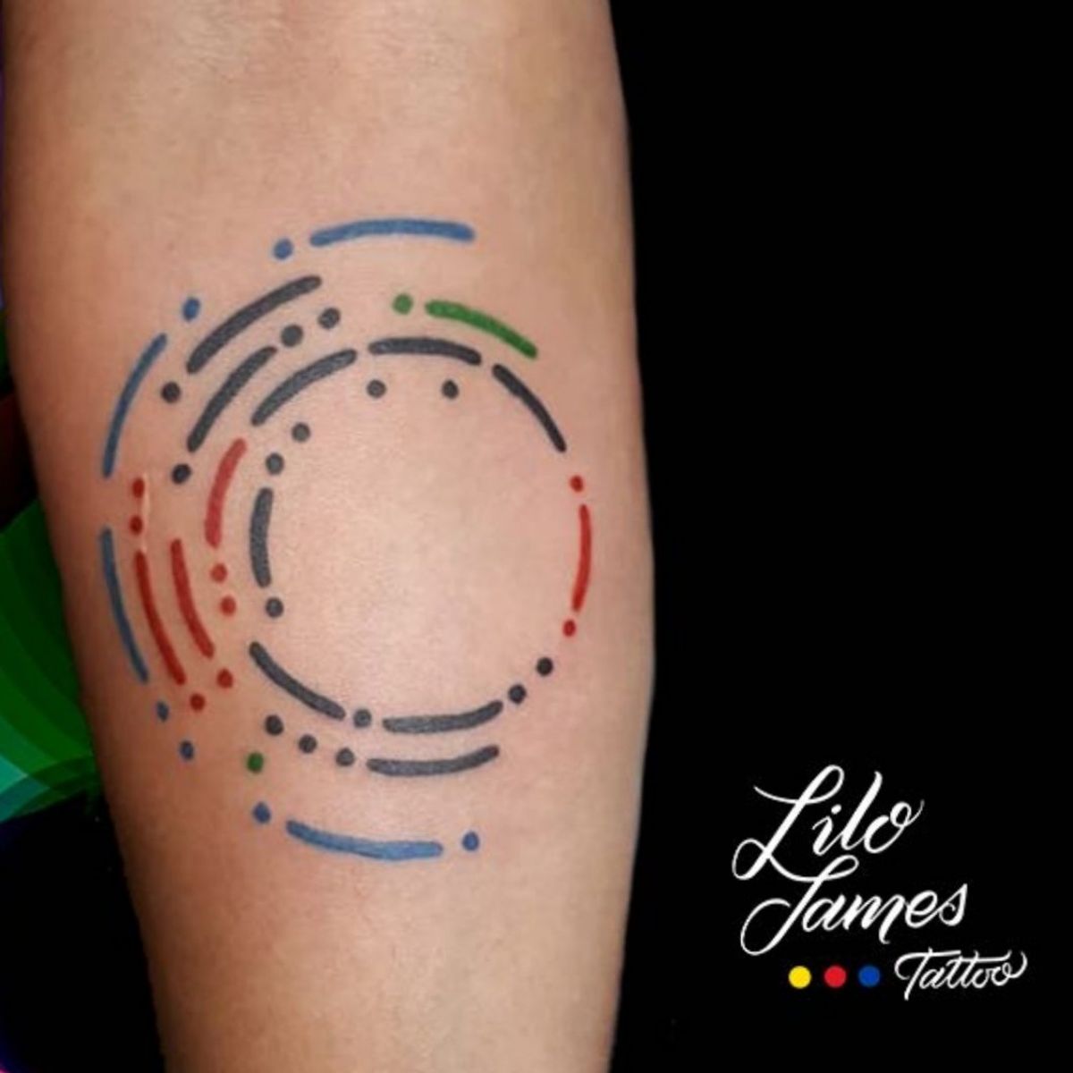 Tattoo uploaded by Lilo H • Names in concentric circles and Morse code