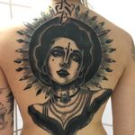 Tattoo by Christopher Conn Askew #ChristopherConnAskew #SekretCity #blackandgrey #portrait #lady #ladyhead #jewelry #pearls #ink #paintbrush #dagger #lettering #neotraditional