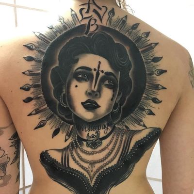 Tattoo by Christopher Conn Askew #ChristopherConnAskew #SekretCity #blackandgrey #portrait #lady #ladyhead #jewelry #pearls #ink #paintbrush #dagger #lettering #neotraditional