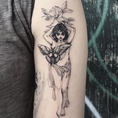 Tattoo by Ligia aka lillesnegl #lillesnegl #Ligia #butterflytattoo #butterfly #insect #nature #wings #fly #pattern #fineart #fineline #illustrative #dotwork #lady #Artnouveau #flower #floral #leaves #fairy
