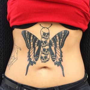 Tattoo by Alex Royce #AlexRoyce #butterflytattoo #butterfly #insect #nature #wings #fly #pattern #oldschool #illustrative #linework #skulls #death