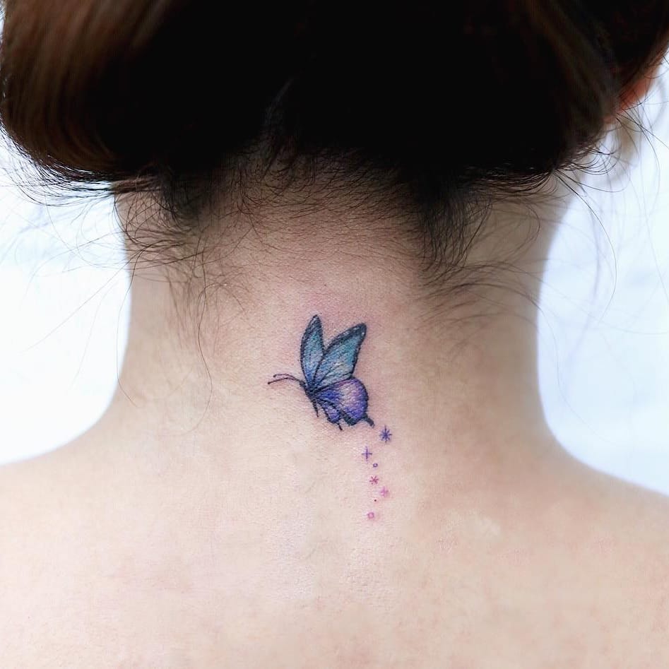 Watercolor small butterfly neck tattoo