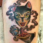 Tattoo by Christopher Conn Askew #ChristopherConnAskew #SekretCity #catlady #cat #kitty #spells #witch #portrait #ladyhead #smoke #creature #lady
