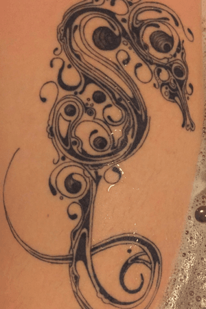 Seahorse thigh tattoo #seahorse #thigh #abstract #circles 
