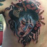 Tattoo by Christopher Conn Askew #ChristopherConnAskew #SekretCity #color #Japanese #Namakubi #severedhead #portrait #geisha #ladyhead #lady #flowers #floral #cherryblossoms #blood
