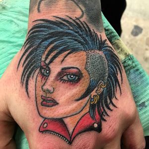 Tattoo by Christopher Conn Askew #ChristopherConnAskew #SekretCity #color #traditional #handtattoo #lady #ladyhead #punk #punkrock #mohawk