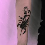 Tattoo by Thornwalker #Thornwalker #scorpiontattoos #scorpion #arachnid #insect #blackwork #darkart #rose #flower #floral #leaves #nature